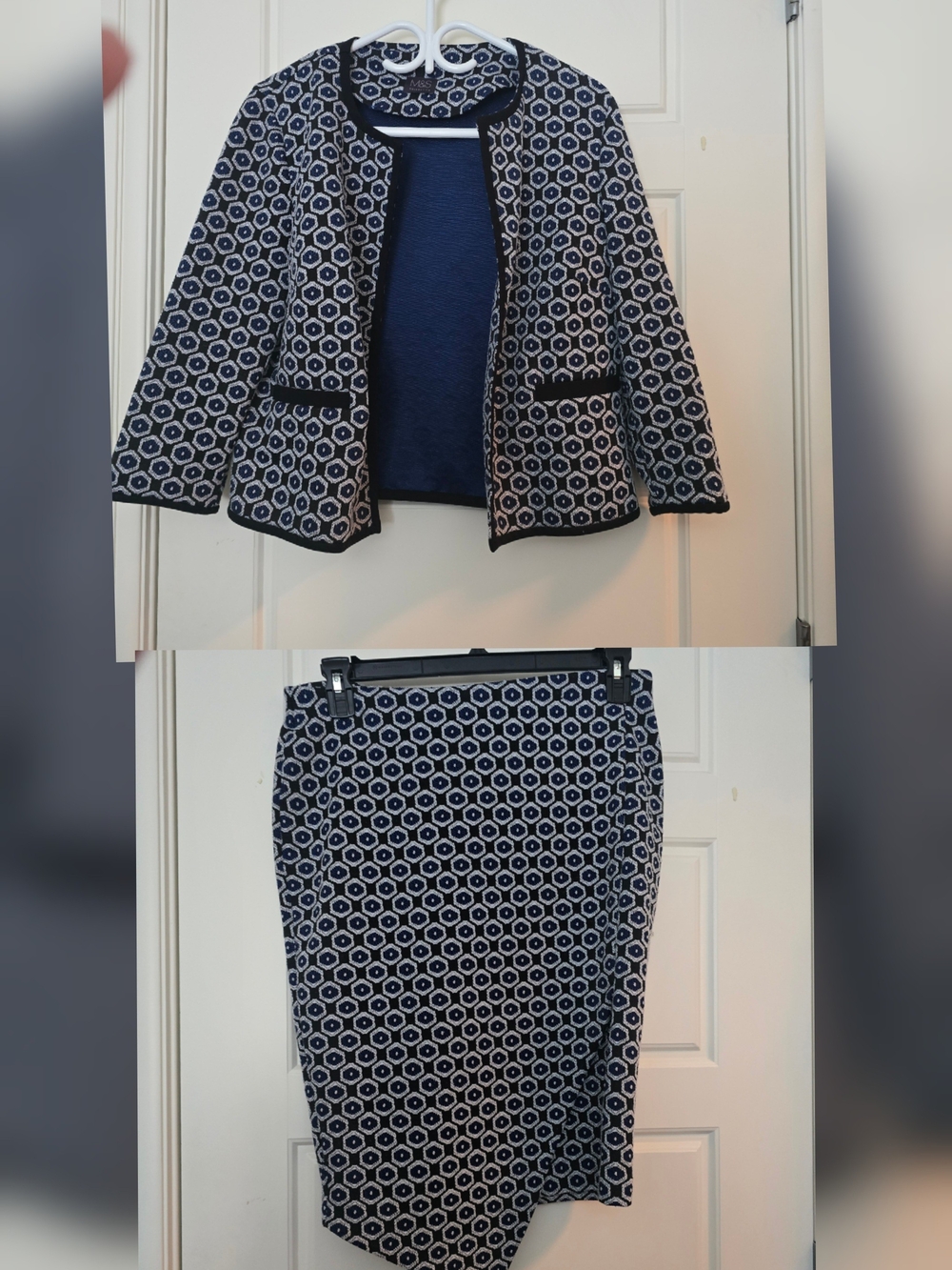 M&S Navy & White Geometric Skirt Suit Set